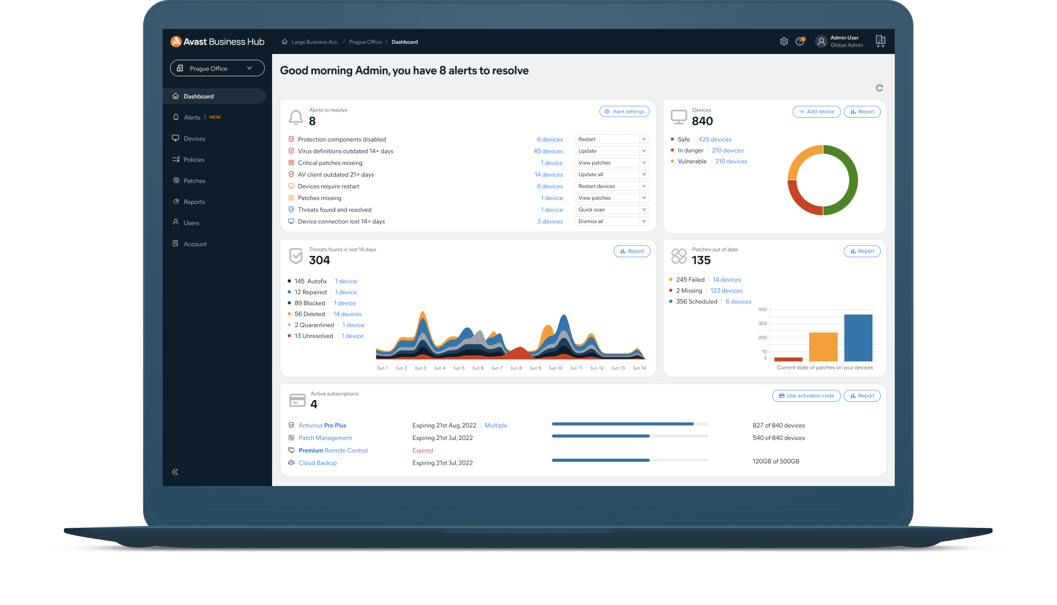 Easily manage all your Avast Business security solutions from one streamlined dashboard.