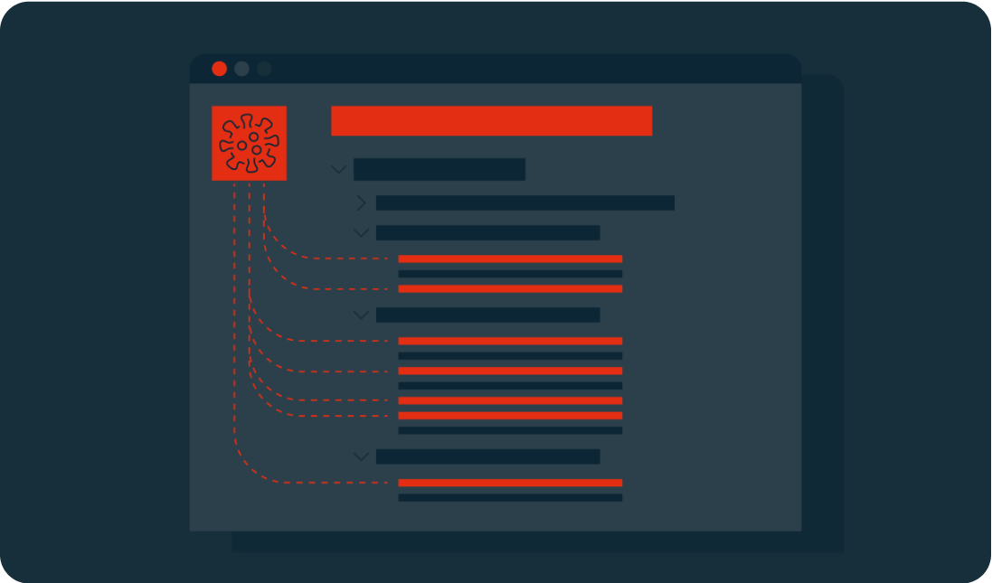 Een illustratie van ransomware die een systeem scant en specifieke bestanden als mogelijke doelwitten aanmerkt.