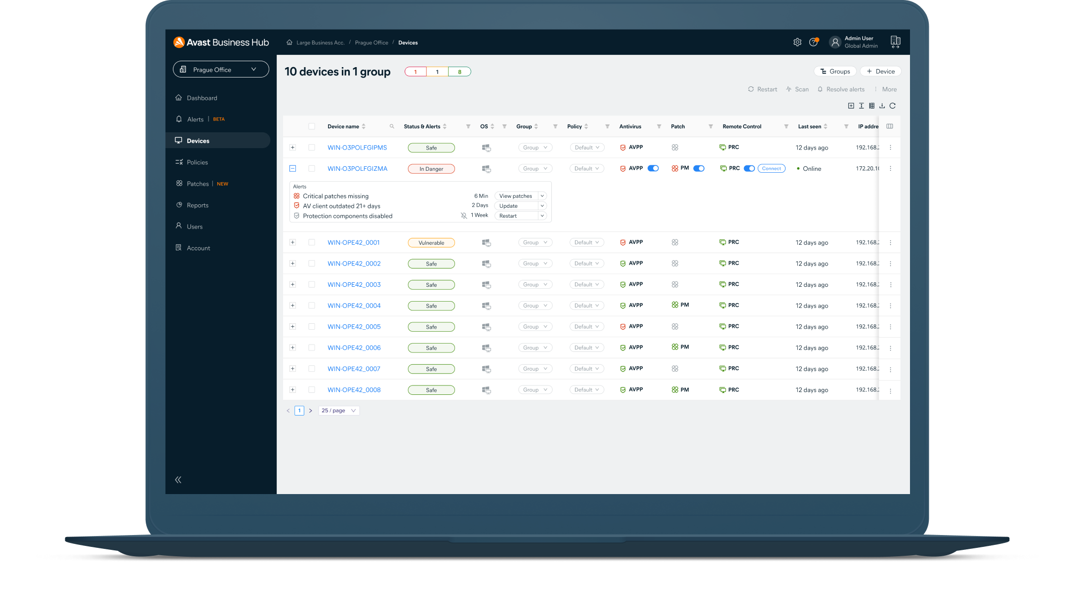 Beheer de beveiliging van alle apparaten met de Business Hub-agent. Op apparaten die door de agent worden beheerd, worden beleidswijzigingen automatisch in real time geconfigureerd. Zo blijft het onderhoud binnen de perken en kunt u uw bedrijfsactiviteiten makkelijker uitbreiden.