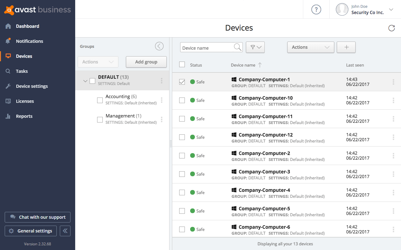 Adicione novos dispositivos ou experimente outras edições de antivírus diretamente a partir da interface da Consola.