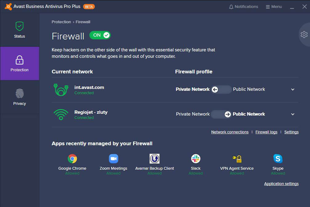 Ecrã de gestão da Firewall