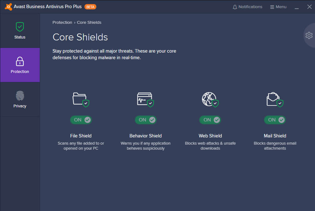 Avast Business core shields UI